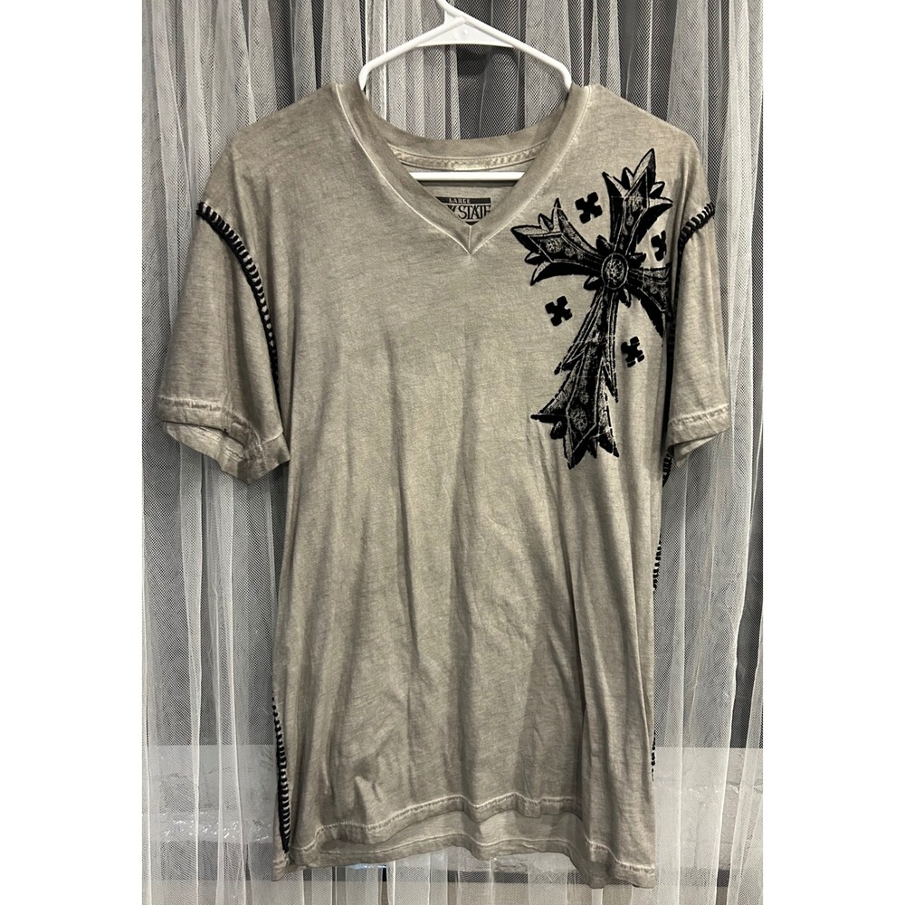 Raw State Premium Mens Gray Gothic Cross Winged T-Shirt Large Y2K Biker. 122